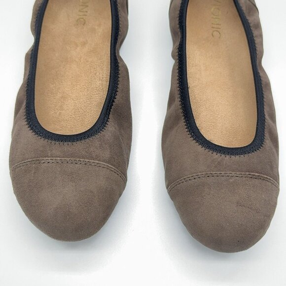 Vionic Orthotic Suede Ballet Flats Natalia Dark Taupe Black Trim Support Sz 9 - Picture 2 of 9
